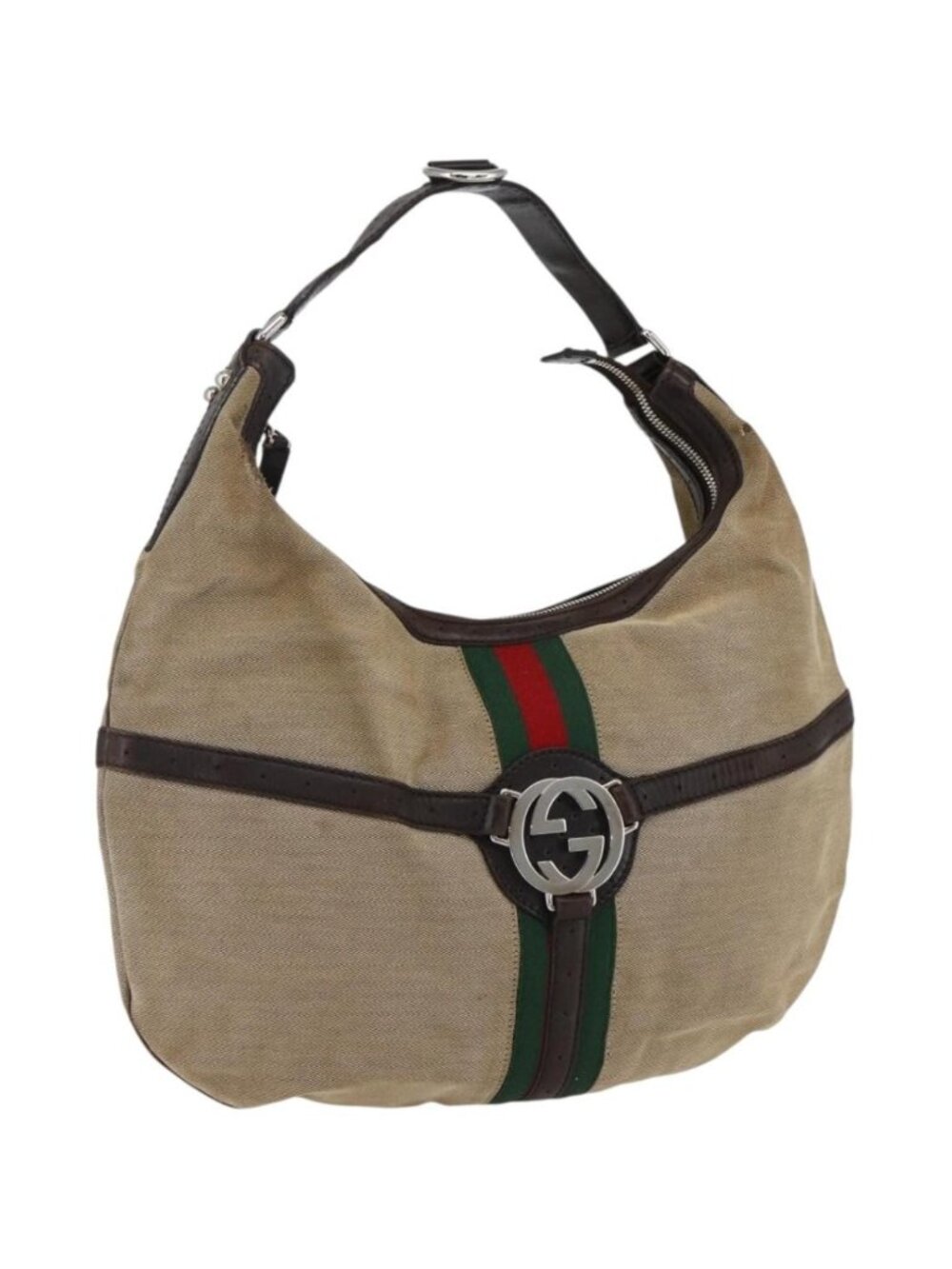 GUCCI Web Sherry Line Shoulder Bag Canvas Beige Silver 114871
